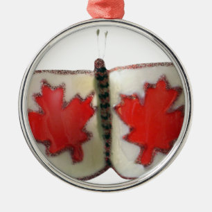 Ornement Rond Argenté Design de papillon du drapeau canadien