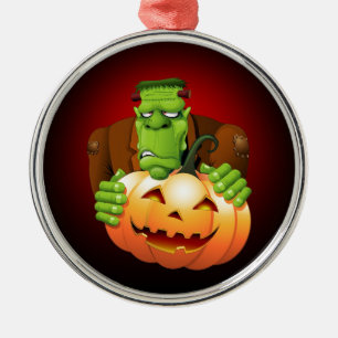 Ornement Rond Argenté Dessin de Frankenstein Monster avec Citrouille