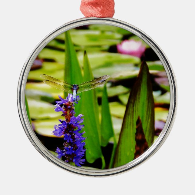 Ornement Rond Argenté Dragonfly lotus and purple flower (Devant)