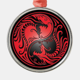 Ornement Rond Argenté Dragons, rouge et noir de Yin Yang