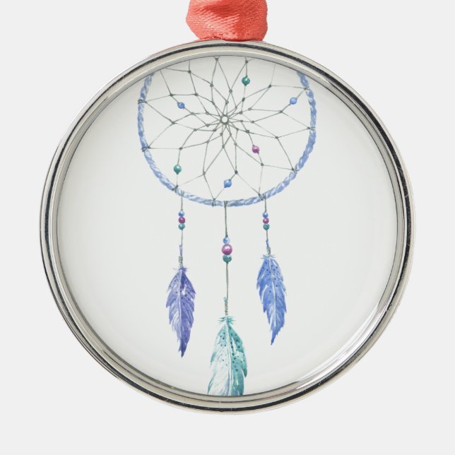 Ornement Rond Argenté Dreamcatcher pour aquarelle avec 3 plumes (Devant)