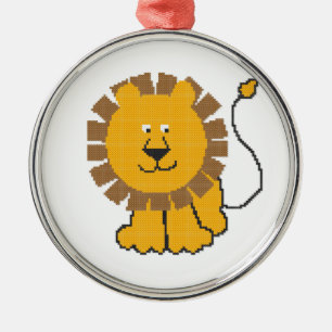 Ornement Rond Argenté Drôle dessin animé de point de croix Lion