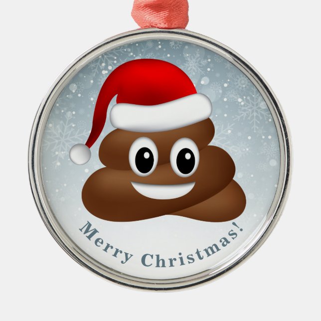 Ornement Rond Argenté emoji de noël poo avec chapeau santa (Devant)