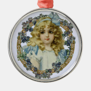 Ornement Rond Argenté Fille vintage avec de belles fleurs et de la mâcho