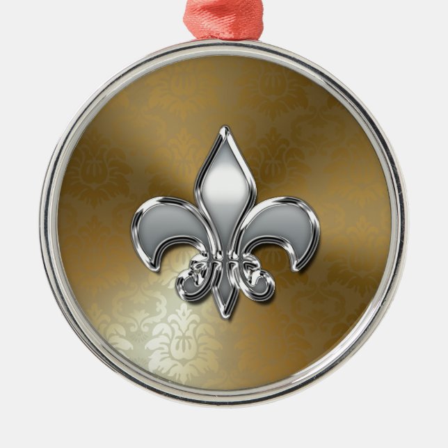 Ornement Rond Argenté Fleur-De-Lis Argent sur Damas Or (Devant)