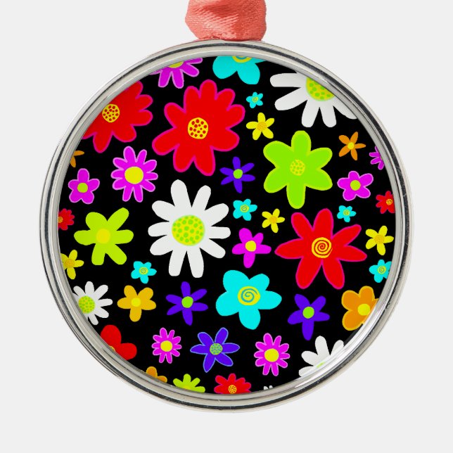 Ornement Rond Argenté Fleurs colorées (Devant)