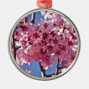 Ornement Rond Argenté Fleurs de cerisier Sakura Étoiles rouges