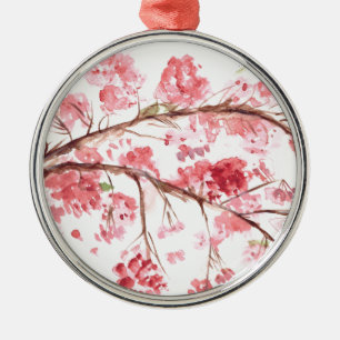 Ornement Rond Argenté Fleurs roses de cerisier japonais Sakura