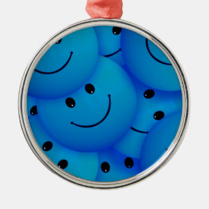 Ornement Rond Argenté Fun Cool Happy Blue Faces