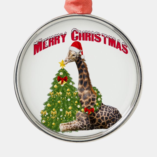 Ornement Rond Argenté Giraffe de Noël (Devant)