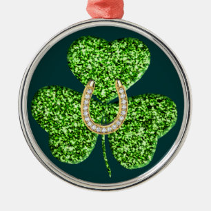 Ornement Rond Argenté Glitter Shamrock And Horseshoe Round Ornament
