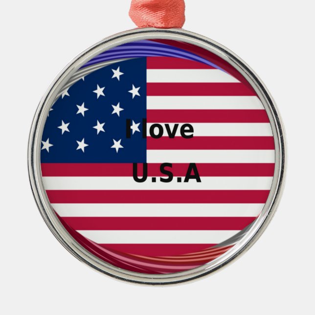 Ornement Rond Argenté I Love U.S.A. Swirl : Patriotic Heart Art Imprimer (Devant)