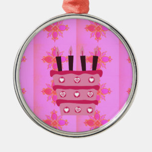 Ornement Rond Argenté Impression d'art de gâteau d'anniversaire rose