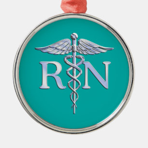 Ornement Rond Argenté Infirmière inscrite RN Stylish Caduceus sur Turquo