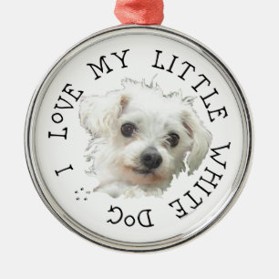 Ornement Rond Argenté J'aime mon petit chien blanc - Maltais