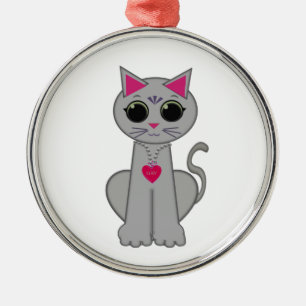 Ornement Rond Argenté Joli Drôle Heureux Chat Gris