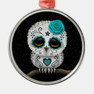 Ornement Rond Argenté Jour turquoise mignon des étoiles mortes de hibou