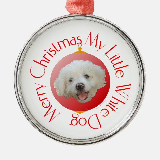 Ornement Rond Argenté Joyeux petit chien blanc de Noël (Devant)