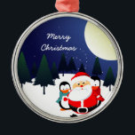 Ornement Rond Argenté Le Père Noël mignon et les pingouins<br><div class="desc">Mignons Père Noël et manchots de Noël.</div>
