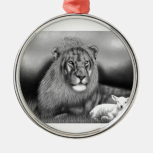 Ornement Rond Argenté Lion et l'agneau