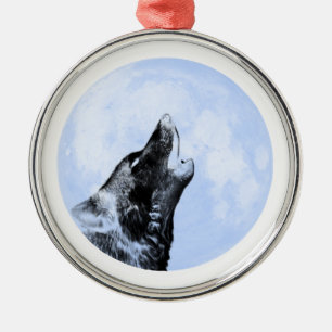 Ornement Rond Argenté Loup fantôme hurlant sur la lune