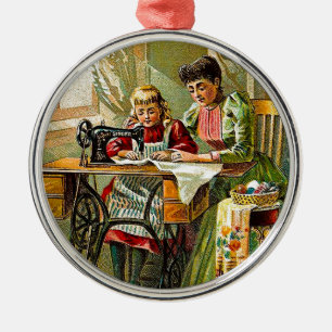 Ornement Rond Argenté Machine à coudre de chanteur "de la première cru