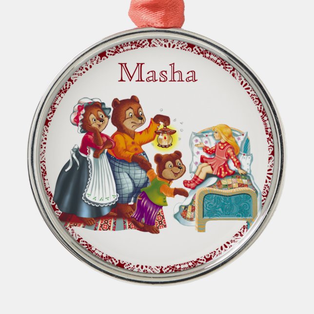 Ornement Rond Argenté Masha et 3 ours (Devant)