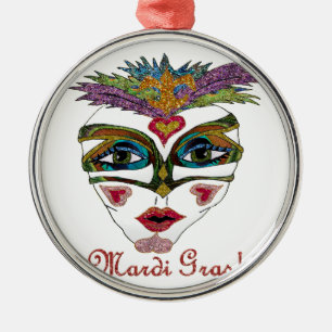 Ornement Rond Argenté Masque de plumes de Parties scintillant Mardi Gras