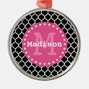 Ornement Rond Argenté Monogramme marocain noir blanc rose