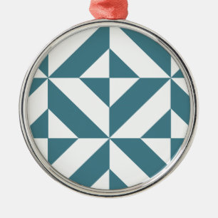 Ornement Rond Argenté Motif de cube vert géométrique profond Turquoise