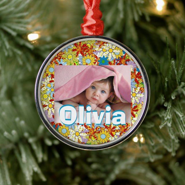 Ornement Rond Argenté Motif floral moderne Couleurs vives (Arbre)