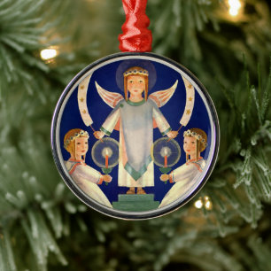 Ornement Rond Argenté Noël Vintage, Père Noël scandinave Lucia Angels