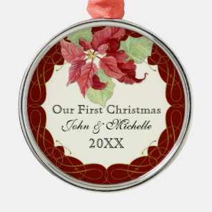 Ornement Rond Argenté Notre premier NoëlEnsemble Poinsettia Personnalise