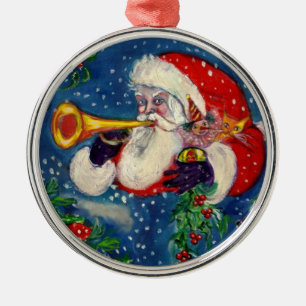 ORNEMENT ROND ARGENTÉ NUIT DE NOËL MUSICALE /SANTA CLAUS BUGLER