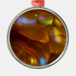 Ornement Rond Argenté Opale de feu orange iridescente