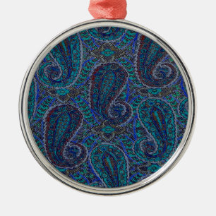 Ornement Rond Argenté Paisley Blue Indian Boho Motif