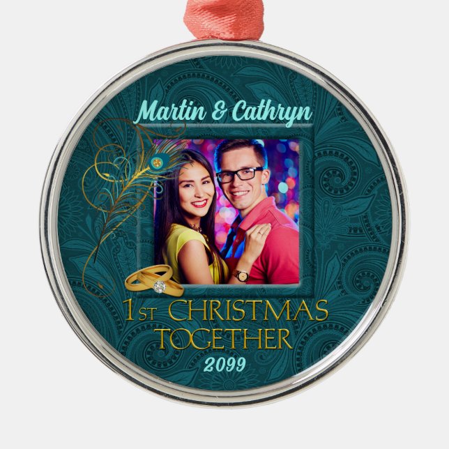 Ornement Rond Argenté Peacock 1er Noël Turquoise avec photo (Devant)
