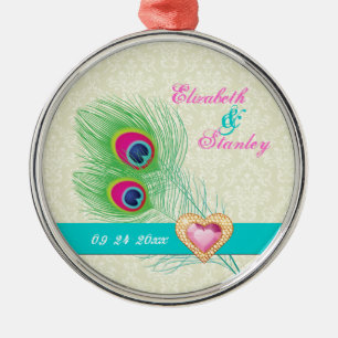 Ornement Rond Argenté Peacock plumes bijou coeur mariage Enregistrer la 