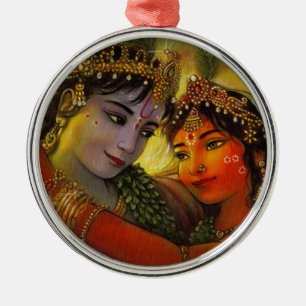 ORNEMENT ROND ARGENTÉ PEINTURE CLASSIQUE DE RADHA KRISHNA