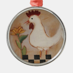 Ornement Rond Argenté Peinture primitive de poulet et de fleurs