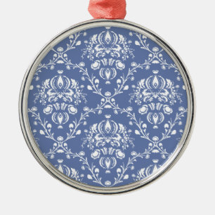 Ornement Rond Argenté Periwinkle Blue and White Damask
