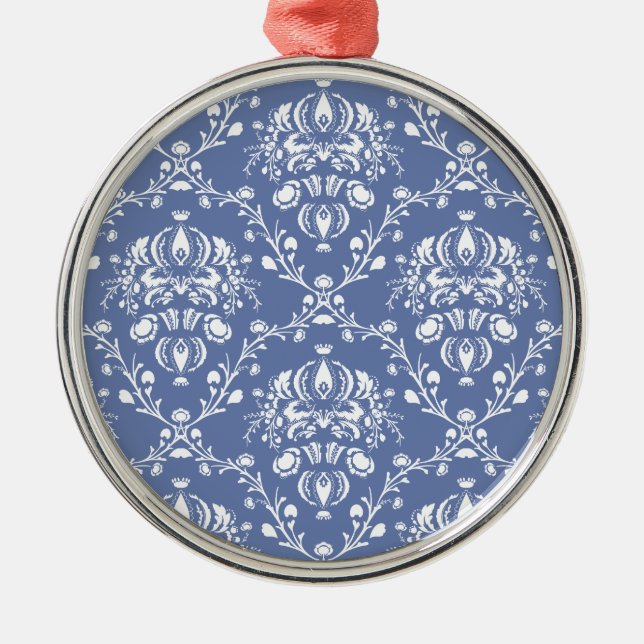 Ornement Rond Argenté Periwinkle Blue and White Damask (Devant)