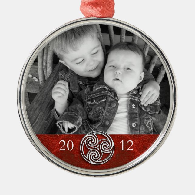Ornement Rond Argenté Photo rouge Ornam de Noël de Triskelion de noeud (Devant)
