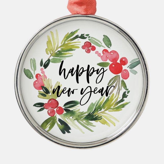 Ornement Rond Argenté Pin d'aquarelle et Wreath Holly Bonne année (Devant)