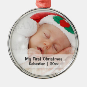 Ornement Rond Argenté Premier Modèle photo personnalisé de Noël du bébé