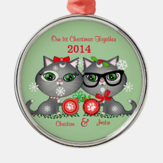 Ornement Rond Argenté Premier Noël des textes de Kitty du couple fait
