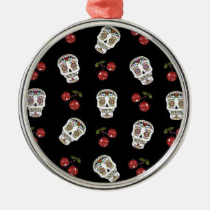 Ornement Rond Argenté RAB Rockabilly Sugar Skulls Cherries On Black