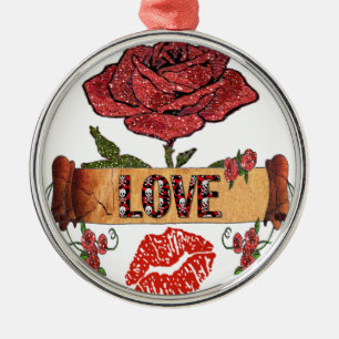 Ornement Rond Argenté RAB Rockabilly Valentine Roses, Love & Lipstick