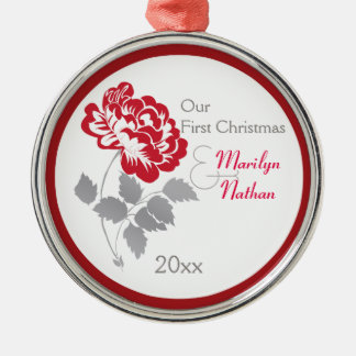 Ornement Rond Argenté Red Peony First Christmas Keepsaké Orament