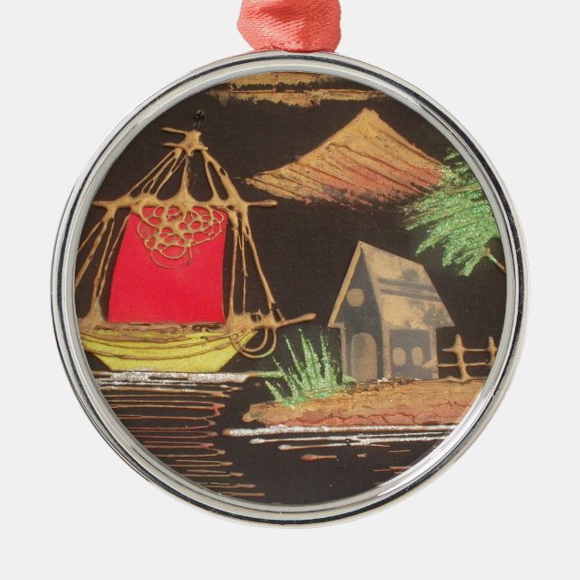 Ornement Rond Argenté Red Sailboat Paysage peinture à l'huile Imprimer (Devant)